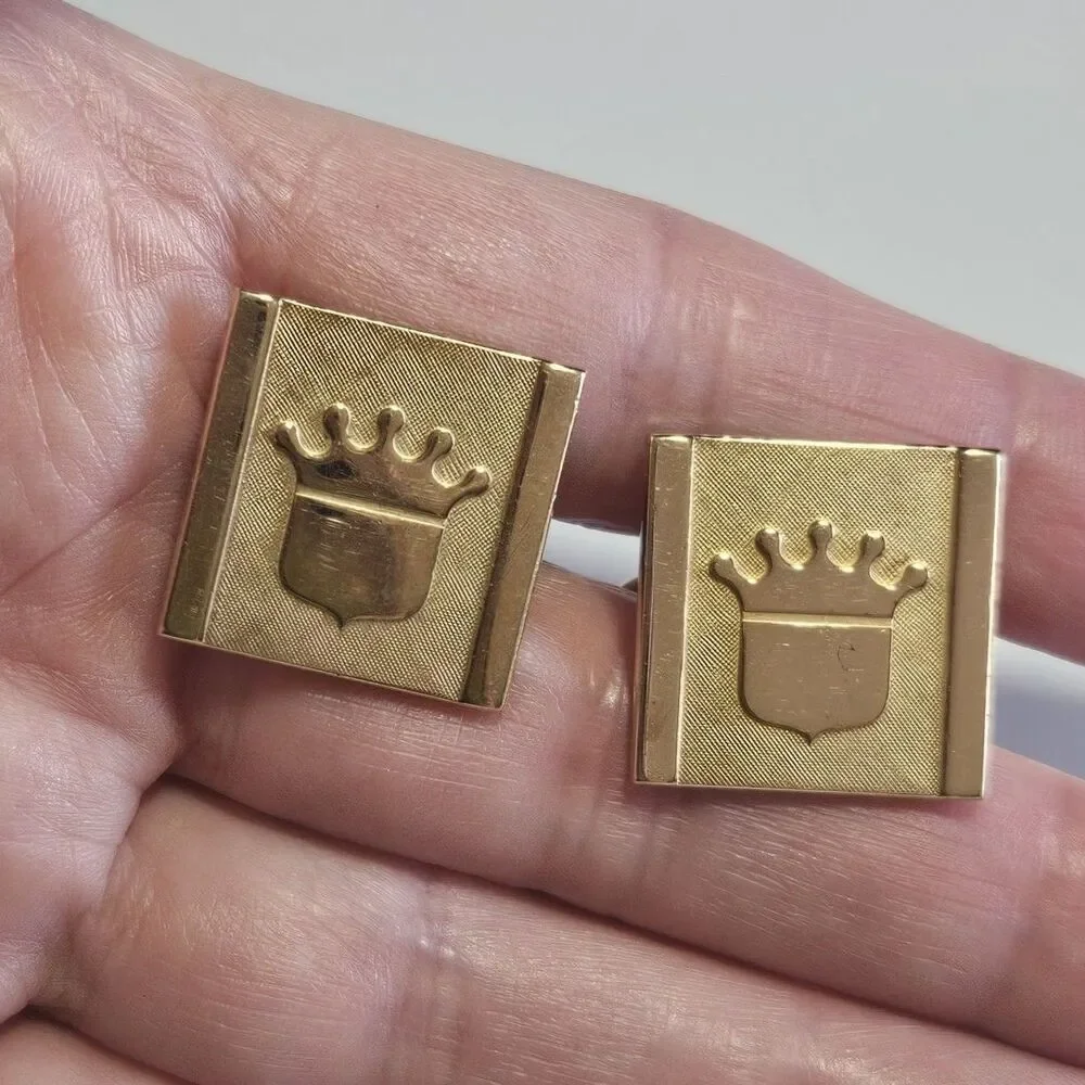 Vintage Cuff Link Pair Gold Tone Metal King Crown Center Mens cufflinks